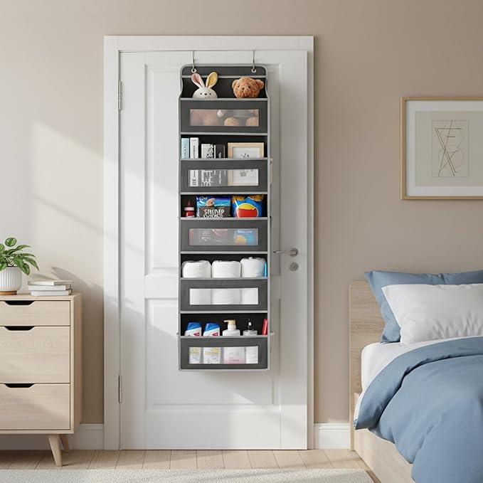 Over The Door Storage Organizer,Hanging Door Organizer with 5 Pockets Mesh Side Bag,Sturdy Hanging Shelves for Toys,Diaper,Nursery,Bedroom,Bathroom,15.7"×6.7"×57",Black