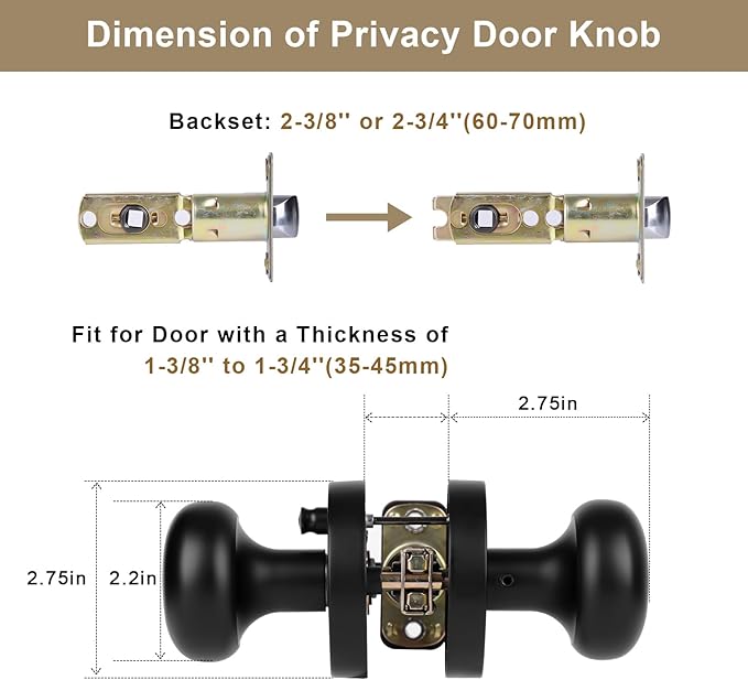 Matte Black Door Knob, Privacy Door Knobs Interior with Push-Button, Vintage Door Knob with Lock for Bedroom and Bathroom, 1 Pack