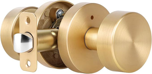 Satin Brass Door Knob Interior Privacy Door Knobs with Lock, Brushed Brass Door Knobs Modern Round Gold Door Handles for Bathroom and Bedroom