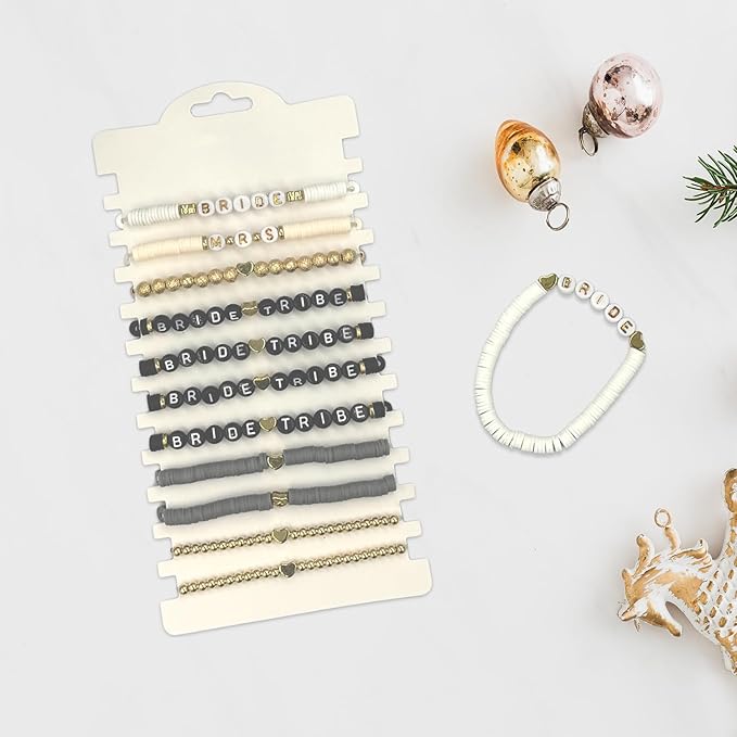 Bachelorette Party Favors, Wedding Gifts, 11 Pcs 6.7 inch Black Bride Tribe Clay Bead Bracelet Preppy Bracelet Stretch for Women Bridal Shower Decorations Party Beach Supplies (White & Black Series)
