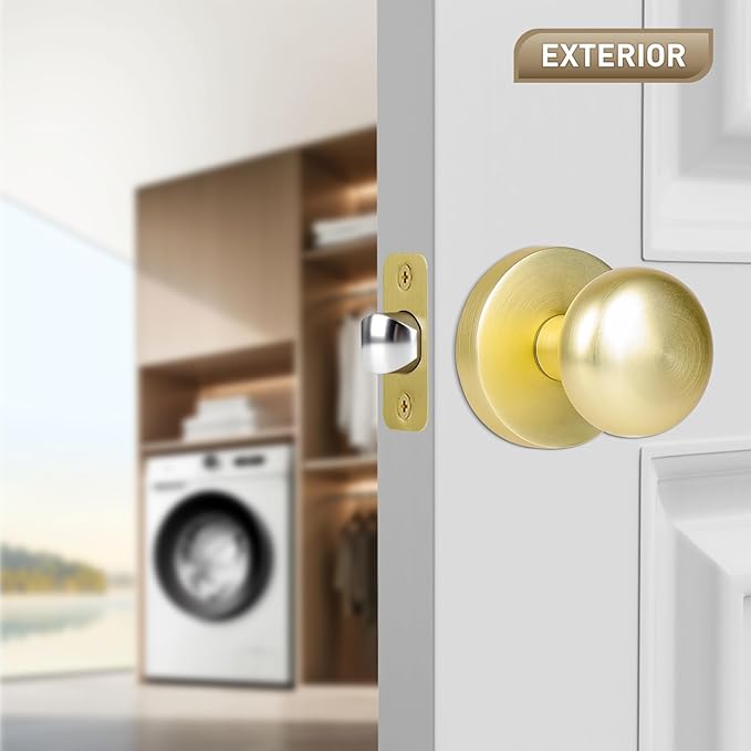 Passage Interior Door Knobs, Gold/Brass Door Knob for Hall and Kitchen, No-Locking Vintage Round Design Door Handle, Zinc Alloy 1 Pack