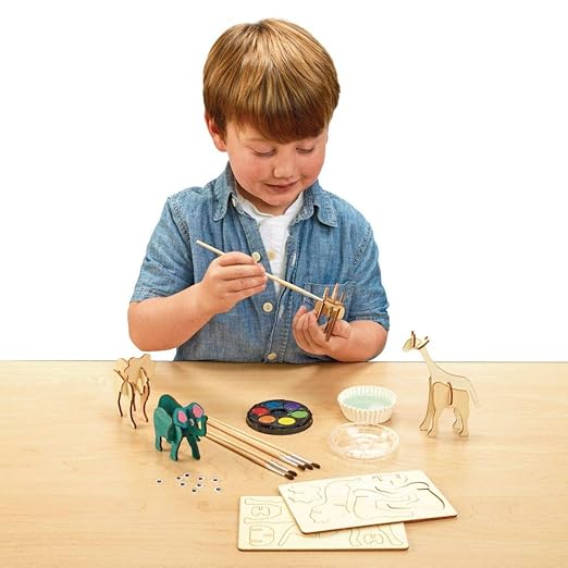 Colorations 3D Wooden Jungle Puzzles for Kids, Build & Decorate Your Own Jungle Animals, Craft Kit Comes with Watercolor Paint & Brushes, Kids Craft Set with Paints, Kids Crafts
