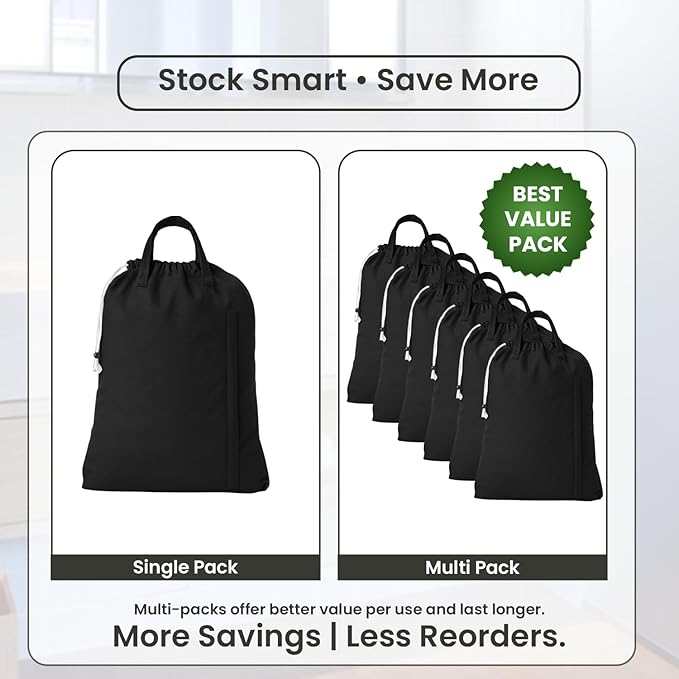 LFH Home Large Premium Cotton Canvas Laundry Bag with Drawstring and Handles Heavy Duty, Multi-Use, and Washable for Home, Travel, College or Storage 28x 40 (Pack of 6)-Black