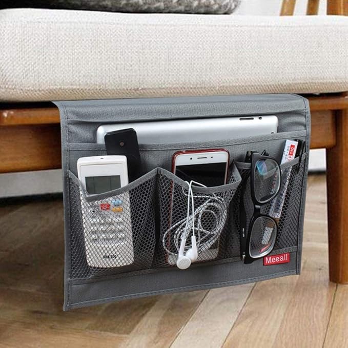 Bedside Storage Organizer with Pockets, Bedside Caddy, Table Cabinet Storage Organizer, TV Remote Control, Phones, Magazines, Tablets, Accessories, Grey