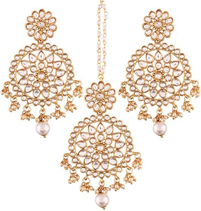 Aheli Ethnic Faux Kundan Drop Pearl Beads Dangle Earrings Maang Tikka Set Bollyood Fashion Jewelry for Women & Girls