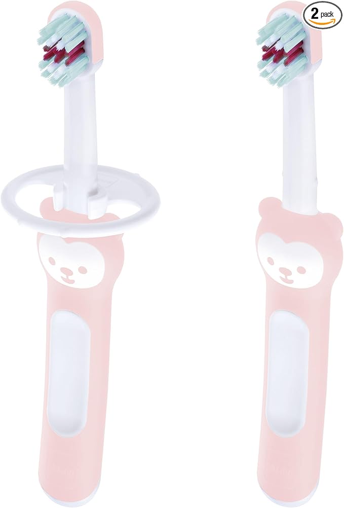 MAM Baby Toothbrushes (2 Baby's Brushes and 1 Safety Shield), Toothbrushes with Brushy The Bear Character, Interactive App, for Girls 6+ Months, Pink