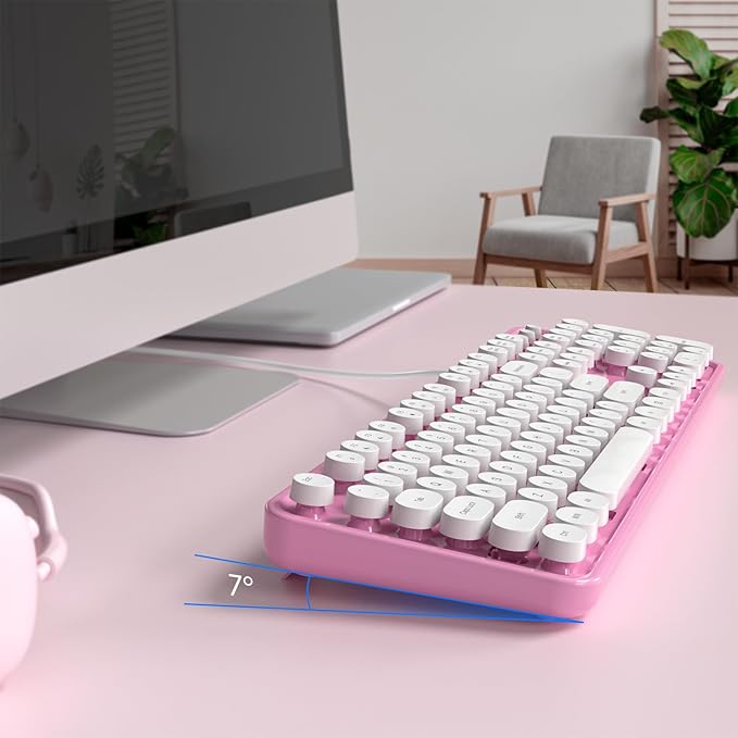 Computer Keyboard Wired, Plug and Play USB Retro Round Typewriter Keyboard, Full Size Wired Keyboard with Foldable Stands for Laptop and Office PC- Pink&White Colorful