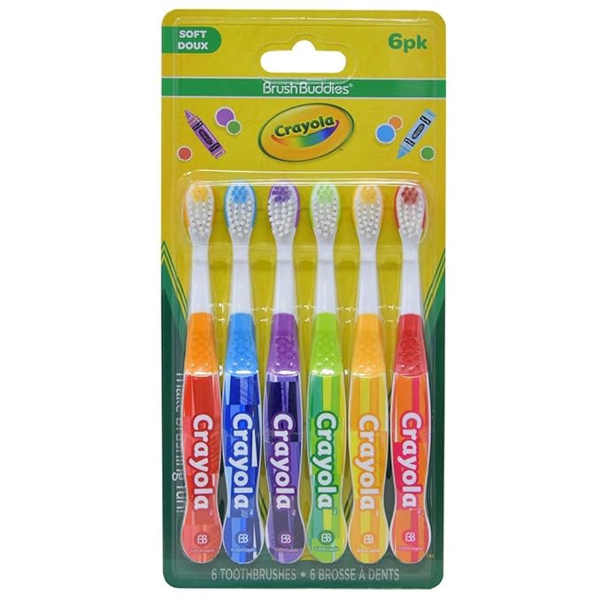 Brush Buddies Crayola Kids Toothbrush, Toddler Toothbrush, Children's Toothbrush, Soft Bristle Toothbrush for Kids, 6PK