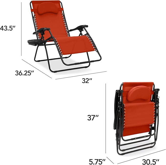 Best Choice Products Oversized Zero Gravity Chair, Folding Outdoor Patio Lounge Recliner w/Cup Holder Accessory Tray, Pillow - Burnt Orange