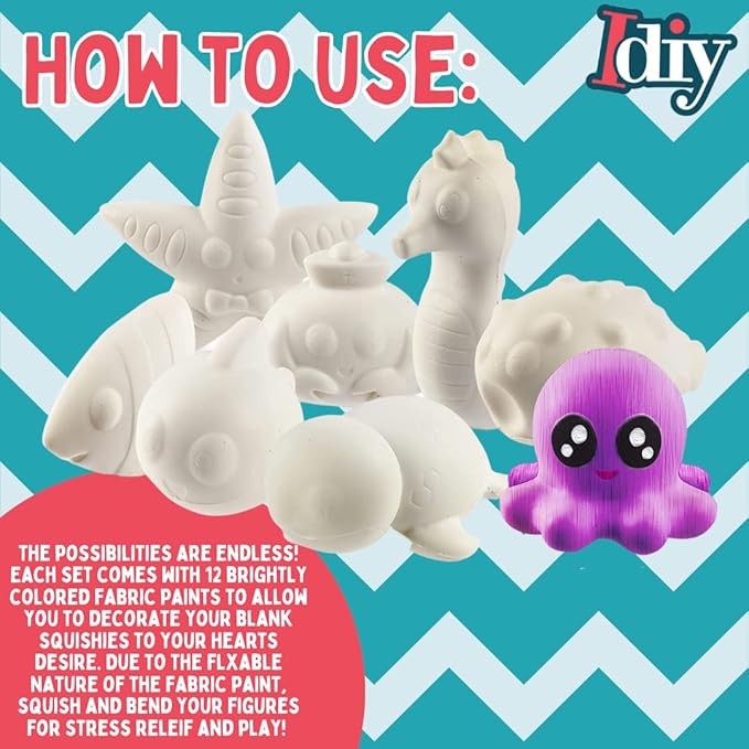 Idiy DIY Party Craft Kit Jumbo Ocean Pals Squishies (8 Unique Sea Animals w 12 Fabric Paints) -White Kawaii Scented Slow Rise Squishy Toys, Scented Stress Relief, Kids Birthday Activity Gift (4"-6")
