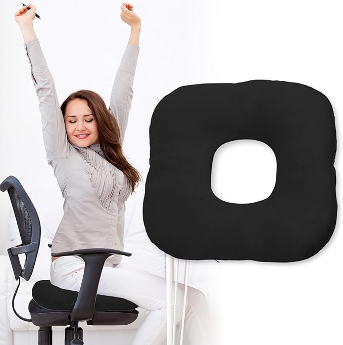 Stuffed Donut Pillow Seat Cushion | for Tailbone and Coccyx Pain, Hemorrhoids, Bed Sores, Pregnancy, Prostate, Surgery Recovery, Sitting Pressure Relief, for Home, Office and Car (Black)