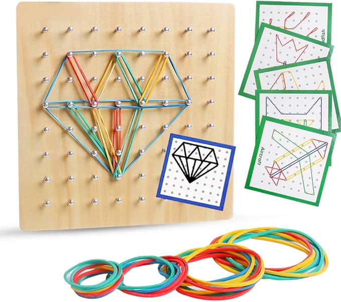 Wooden Geoboard with Rubber Bands Graphical Math Pattern Blocks Geo Board - Montessori Educational Toy for Kids with Pattern Cards and Rubber Bands Create Figures Shape STEM Puzzle Matrix Brain Teaser