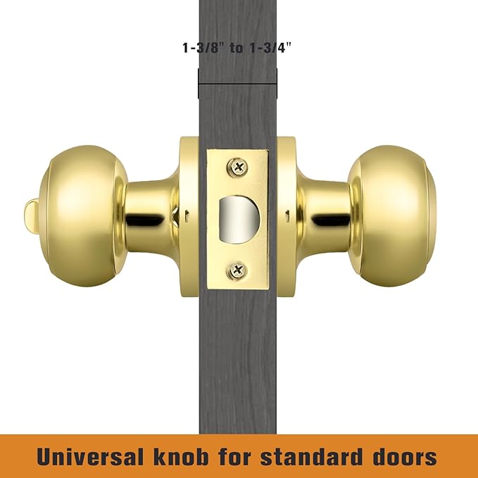 Probrico Polished Brass Door Knobs, Interior Door Knobs with Round Ball Knob, Nickel Privacy Door Knob for Bedroom Bathroom, 6 Pack