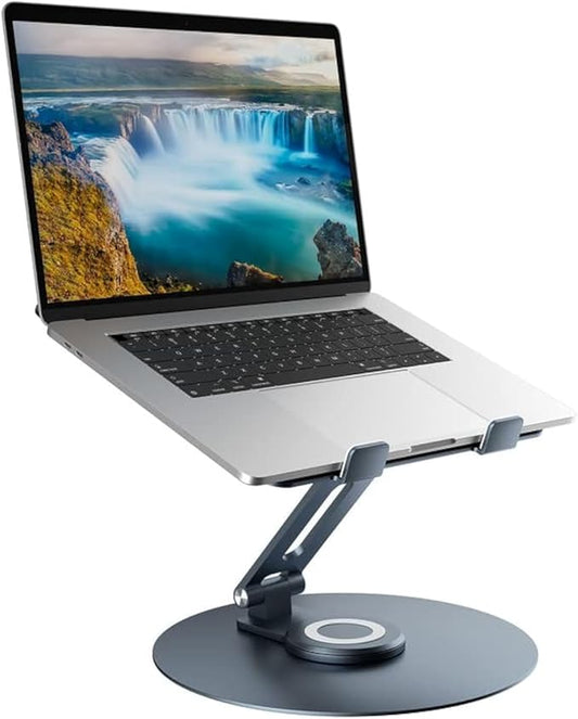 Swivel Laptop Stand for Desk, Adjustable Height Aluminum Computer Stand with 360 Rotating Base, Foldable Ergonomic Riser, Portable Laptop Holder Compatible with MacBook, All Laptops 10-17'', Grey