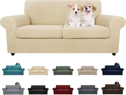 MAXIJIN 3 Piece Stretch Couch Covers for 2 Cushion Couch Sofa Slipcovers with 2 Extra Large Seat Cushion Couch Jacquard Loveseat Sofa Couch Cover for Dogs (2 Cushion Sofa, Light Beige)