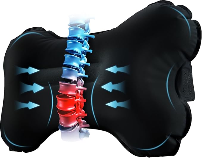 Mixtrend Travel Lumbar Pillow – Inflatable Memory Foam Back Support Pillow for Airplane, Car, Office, Long Flight, Ergonomic Travel Cushion for Lower Back Pain Relief – for Men, Women, Kids, Black