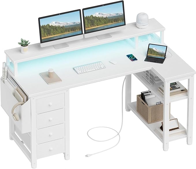 Lufeiya L Shaped Desk with Led Lights and Power Outlets, 47 Inch Writing Study Computer Gaming Desks with Fabric Drawers for Bedroom, Home Office Corner Desk with Monitor Stand Shelves, White