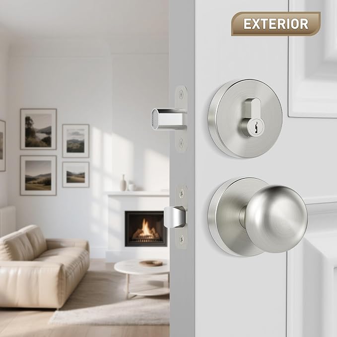 Satin Nickel Passage Door Knob and Deadbolt Set Interior/Exterior Door Knob with Single Cylinder Deadbolt Lock Set