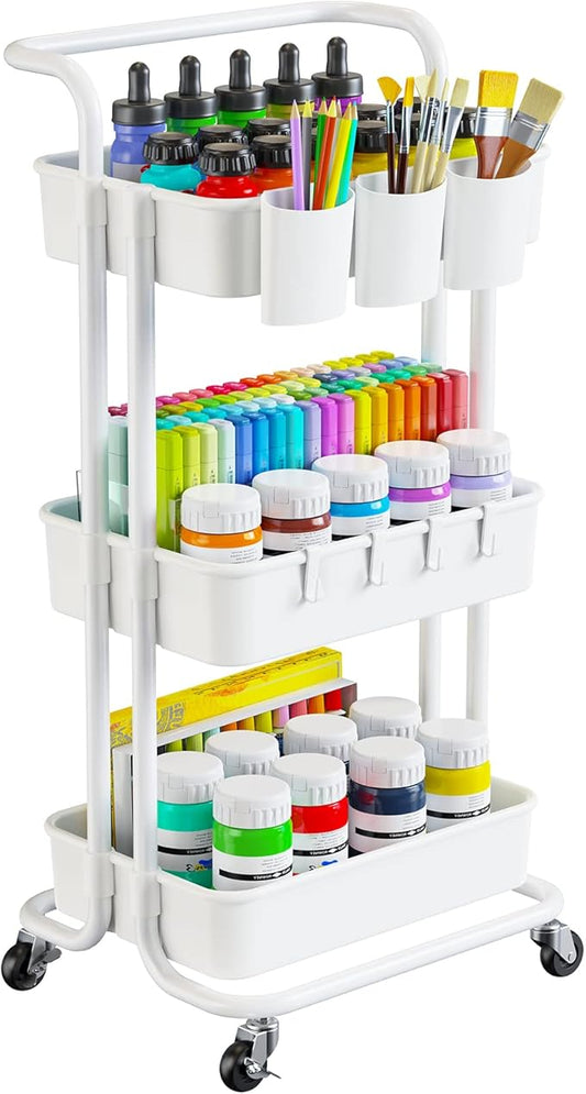 Pipishell 3 Tier Rolling Cart - Art & Craft Organizer Cart with Hanging Cups & Hooks - White Metal Storage Carts with Wheels Perfect for Craft Room, Office, Kitchen, Bedroom, Bathroom, Laundry Room