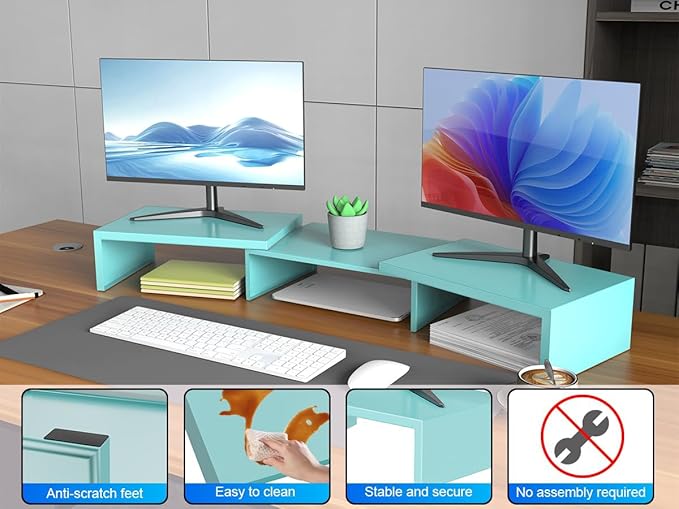 OUTIOE Dual Monitor Stand for Desk, Metal Computer Stand, Desk Shelf Riser,Desktop Organizer for Home and Office Use (Blue)