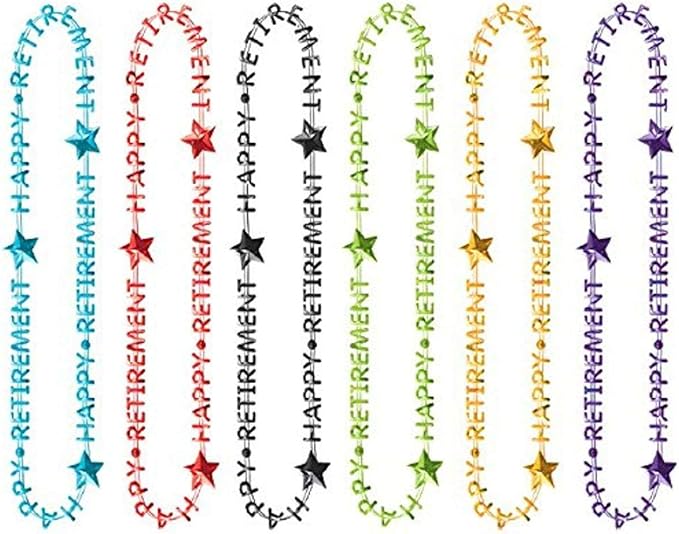 Assorted Colors Officially Retired Retirement Plastic Necklaces, 32" - Perfect For Any Retirement Party, 6 Packs of 6