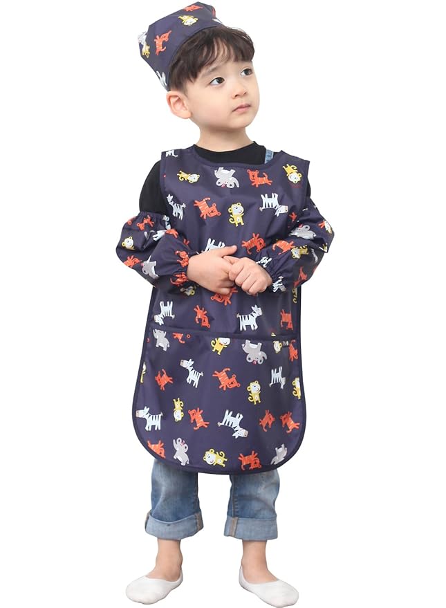 Children Waterproof Artist Painting Aprons or Art Smock 3PCS Set Navy Animals (03-S)