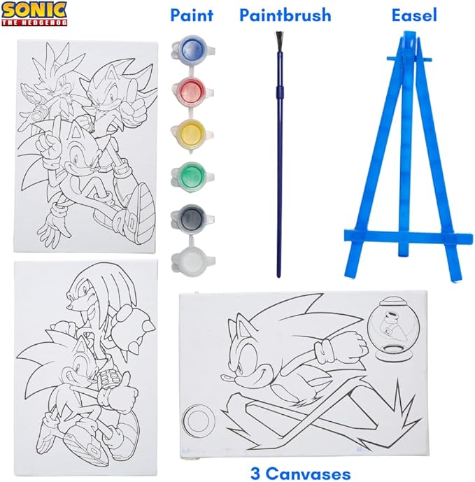Innovative Designs Sonic The Hedgehog Canvas Paint Set for Kids with 3 Canvases, Acrylic Paint, Paintbrush, & Easel