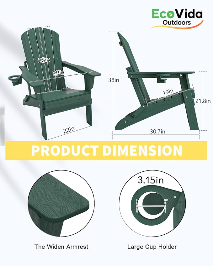 3-Piece Folding Adirondack Chair Set - 38" Extra Tall Back & Embossed Wood Grain, Oversized HDPE Patio Furniture with Side Table & Cup Holders, 380lb Heavy Duty, Green