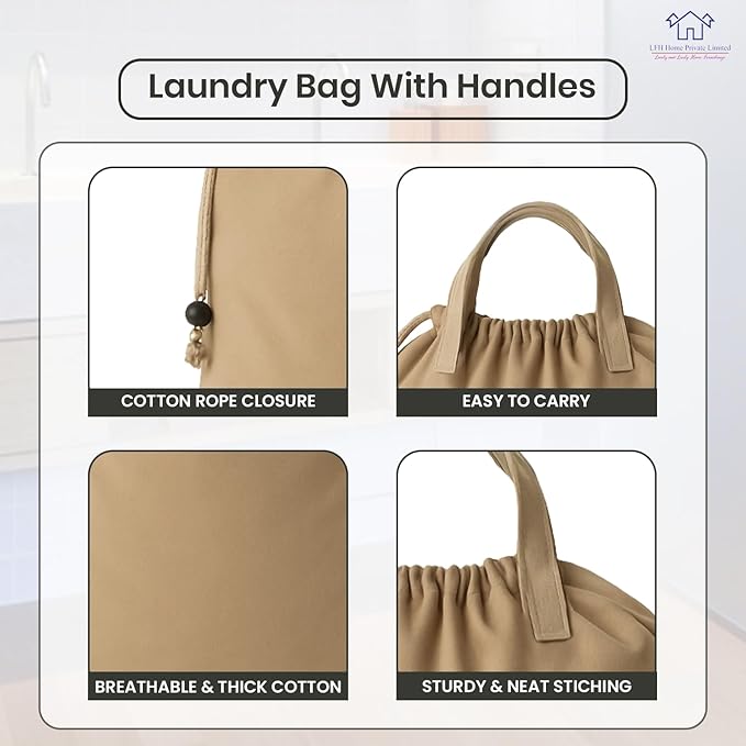 LFH Home Cotton Canvas Large Laundry Bag with Handle, Heavy Duty Drawstring Closure Washable Laundry Bags, School Travel, Home, Hotel, College Dorm, Organizer Sack, Toys Clothes 28x36-Beige