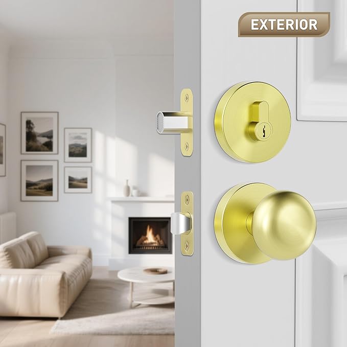 Gold/Brass Passage Door Knob and Deadbolt Set Interior/Exterior Door Knob with Single Cylinder Deadbolt Lock Set