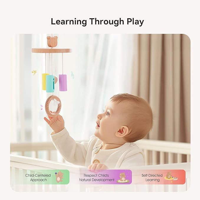 IEATFO Montessori Toys for Babies 0-6 Months, 6-in-1 Newborn Tummy Time Playful Learning Toys with Mobile, Black & White Soft Book, Spinning Rainbow Drum and Rolling Bell, Teether Rattle and More