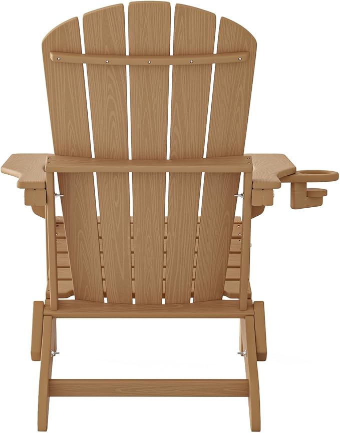 Plawdlik Folding Adirondack Chair, SGS Tested, Wooden Textured with Cup Holder, Heavy All-Weather HDPE Comfortable Set Poolside Backyard Lawn Teak Set 4