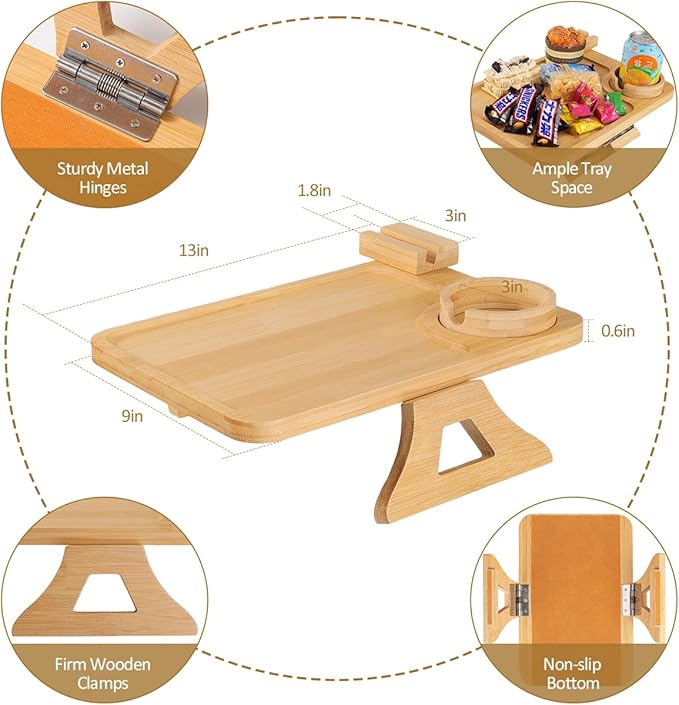 Couch Arm Tray, Couch Arm Table with 360° Rotating Phone Holder & Cup Holder, Sofa Arm Tray for Easy Access, Couch Cup Holder for Snacks, Phone, Control, Cups