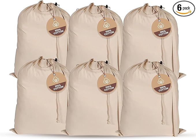 LFH Home Large Premium 100% Cotton Canvas Laundry Bag with Drawstring and Handles Heavy Duty, Multi-Use, and Washable for Home, Travel, College or Storage 28x36 (Pack of 6)-Natural