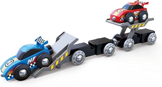 Hape Race Car Transporter | Six-Piece Wooden Toy Train Car Transport Set for Kids