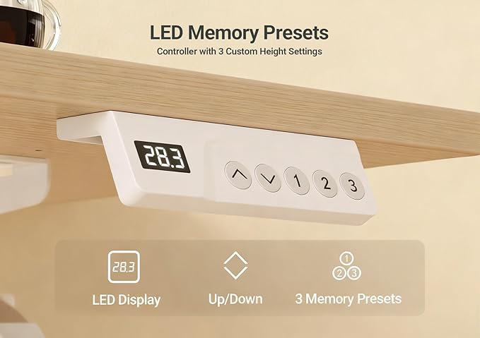 Seang Electric Height Adjustable Standing Desk, 55 x 24 Inch Sit-Stand Desk with T-Shaped Frame, 3 Memory Presets & Cable Management for Home Office Computer Workstation, White Frame/Nature Top