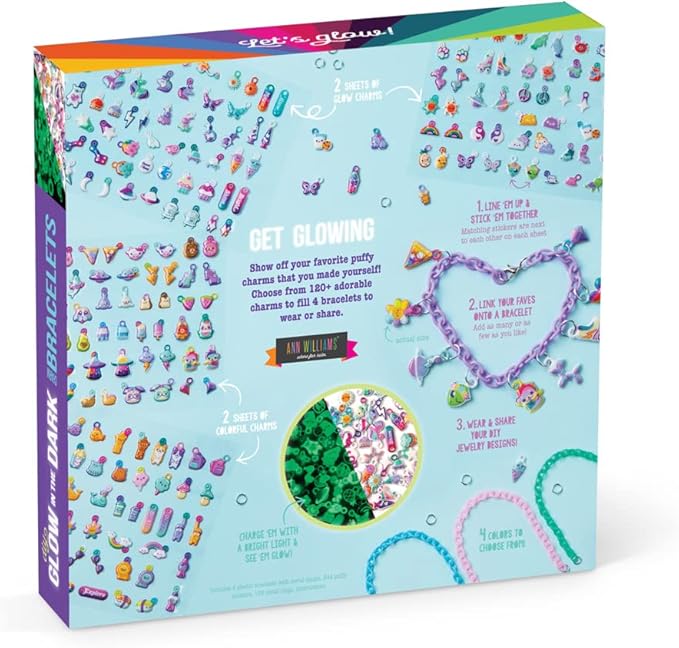 Craft-tastic DIY Glow in The Dark Charm Bracelets – Design 4 Customizable Bracelets with 120+ Easy-to-Make Puffy Sticker Charms – Creative Arts & Crafts Gift – Jewelry Making Set for Kids - Ages 6+