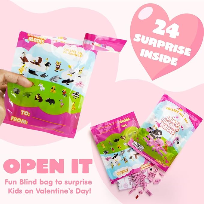 JOYIN 24 Pcs Valentine Animal Building Blocks in Blind Bags, Including Safari Animals, Sea Animals, Flying Birds Design, STEM Building Toys for Kids Valentine's Day Party Favors, Gift Exchange