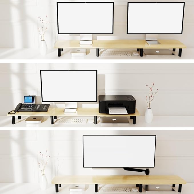 WEGASTU Large Extra Long Monitor Stand Riser 43.7in,Dual Monitor Riser, Wide TV Stand for 2 Monitors, Wood & Steel Leg Adjustable Height Desktop Riser, Home Office Organization. (Natural)