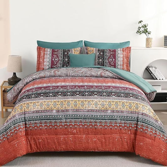 Cottolester Boho Full Comforter Set 8 Pieces,Orange and Green Bohemian Striped Bed in a Bag, Paisley Soft Microfiber Bedding Comforter Set