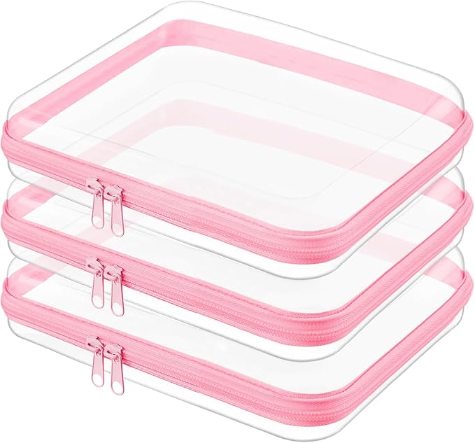 Clear Hard Shell Zipper Case,Clear Toy Storage Pouch,Waterproof Transparent Organizer Comestic Case for Travel, Office, Home (Pink, 3*M)