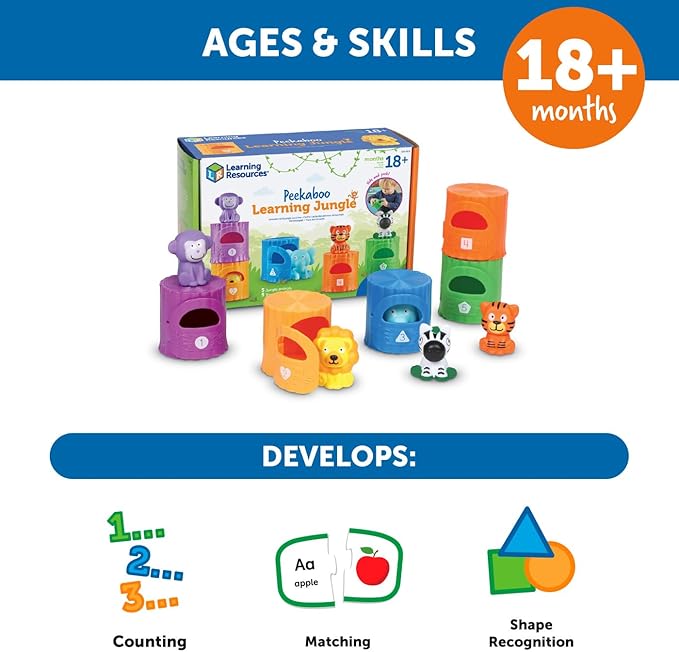 Learning Resources Peekaboo Learning Jungle Toddler,10 Pieces, Ages 18 Months+, Learning Toys, Baby Toys, Educational Toys, Fidget Toys, fine Motor Skills