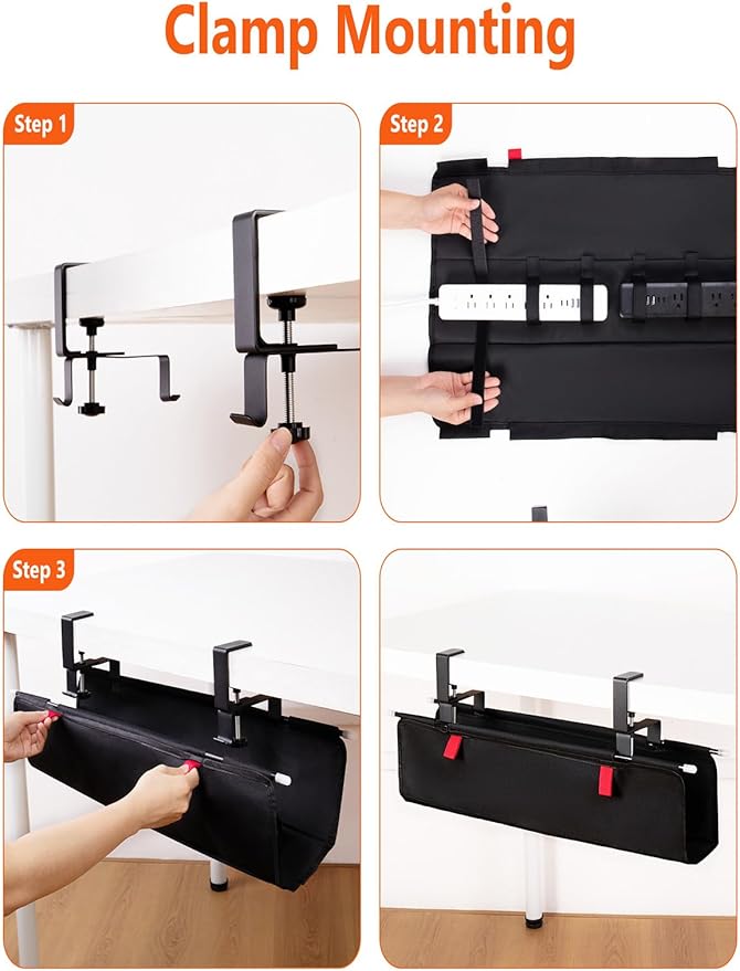 CrsaSwivo No Drill Under Desk Cable Management Tray - 28" Cord Management Under Desk - No Drill Needed - Easy Clamp - Premium Fabric Cable Management Tray for Office/Home