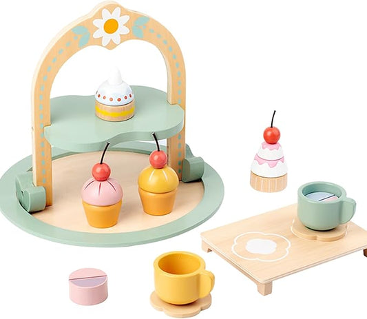 Garden Series Cake Toy Tea Party Set Desserts Food Toy with Cupcake Stand, Kids Pretend Play Kitchen Accessories, Wooden Play Food Set Toy Baking Gift for 3 4 5 Years Old Girls Boys