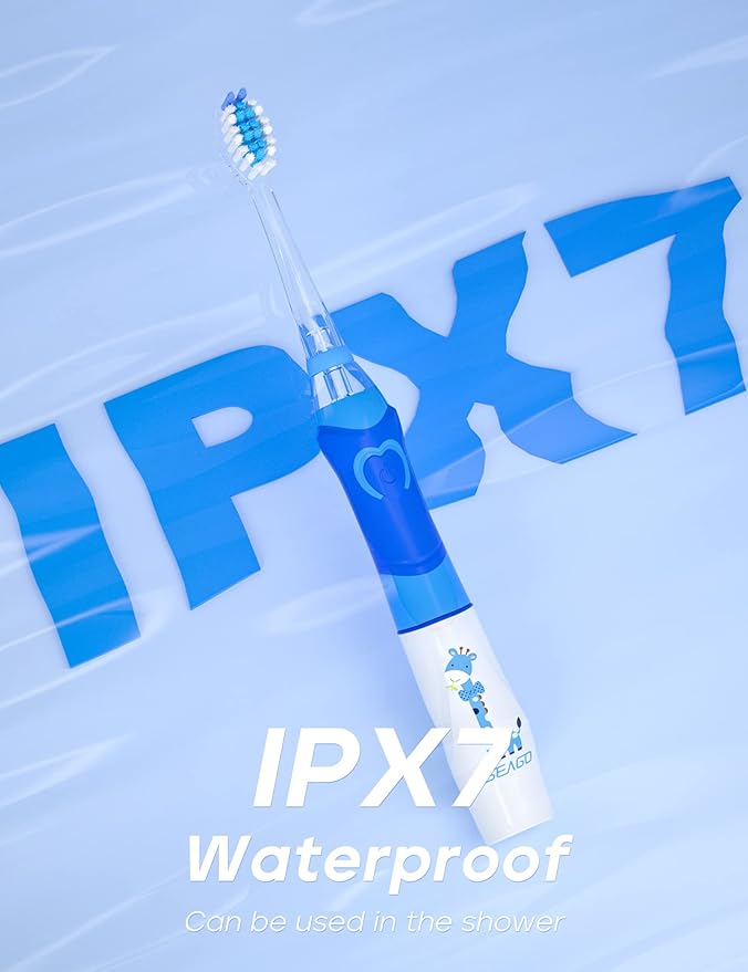 SEAGO Kids Electric Toothbrush with 2 Mins Brushing Timer and 4 Replacement Bursh Heads, Rainbow LED Light Make Brushing Fun, Blue Color Boys Battery Powerd Toothbrush for 4-12 Years Old，SG-977