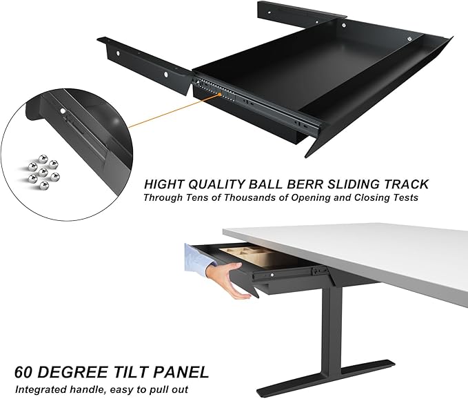 Large Under Desk Mounted Sliding Drawer with Bamboo Tray and 60 Degree Tilt Panel to Pull Out, 22'' Long & 13'' deep Large Storage Organizer for Sit Stand Workstation