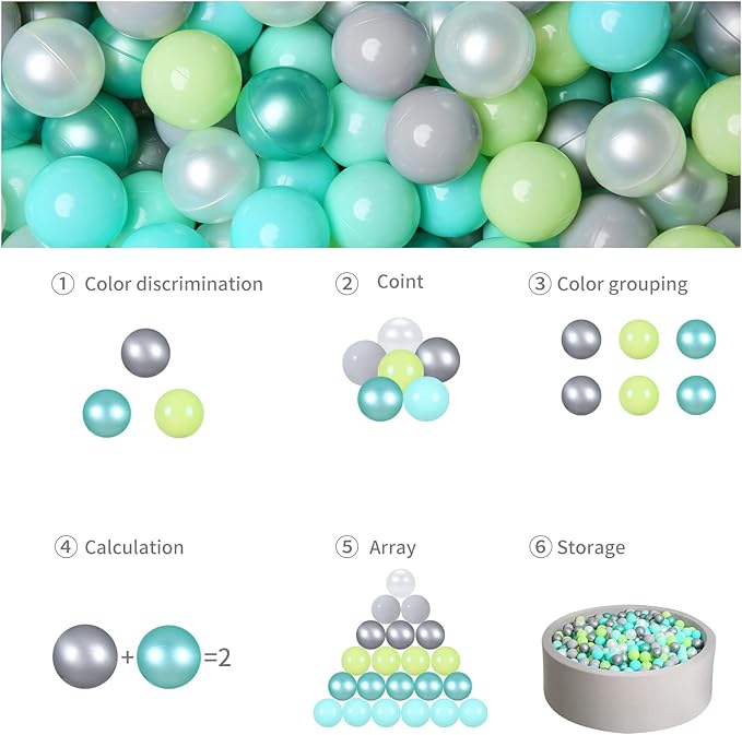 GOGOSO Ball Pit Balls -100pcs BPA Free Balls Crush Proof Pool Balls Toy for Baby Boys Girls Playhouse Pool Birthday Party Decoration,Pearl Balls +Macaron Balls Green+Gray+White