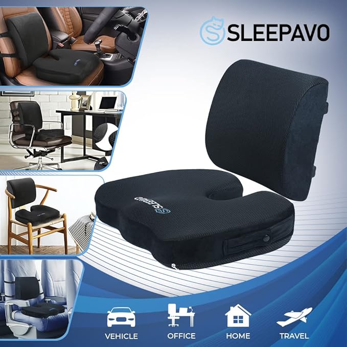 Sleepavo Memory Foam Seat Cushion for Office Chair-Orthopedic Back and Butt Pillow for Sciatica Tailbone Coccyx Hip Pain Relief for Sitting, Gaming, Desk, Car, Airplane-Padded Lumbar Support Pillow