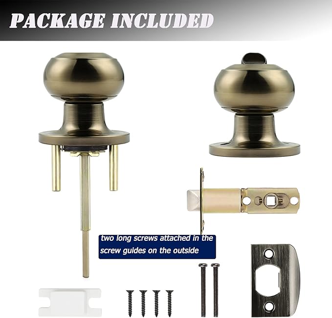 Probrico Privacy Door Knobs Lock Interior Bedroom Bathroom Door Handle Antique Brass Round Ball Keyless Lockset 2 Pack