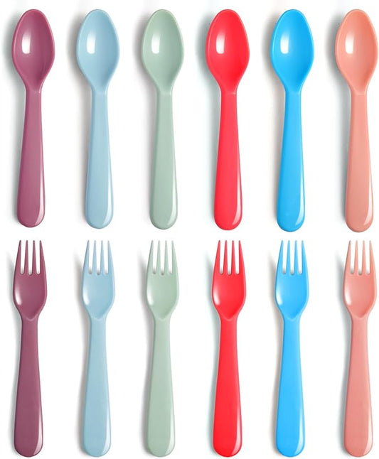 ChaLeeMoo12Pcs Plastic Kids Forks and Spoons Set, Reusable Toddler Utensils Assorted Colors Kids Silverware Set for School Lunch Box Camping Travel, Also for Adult to Use, BPA Free Dishwasher Safe